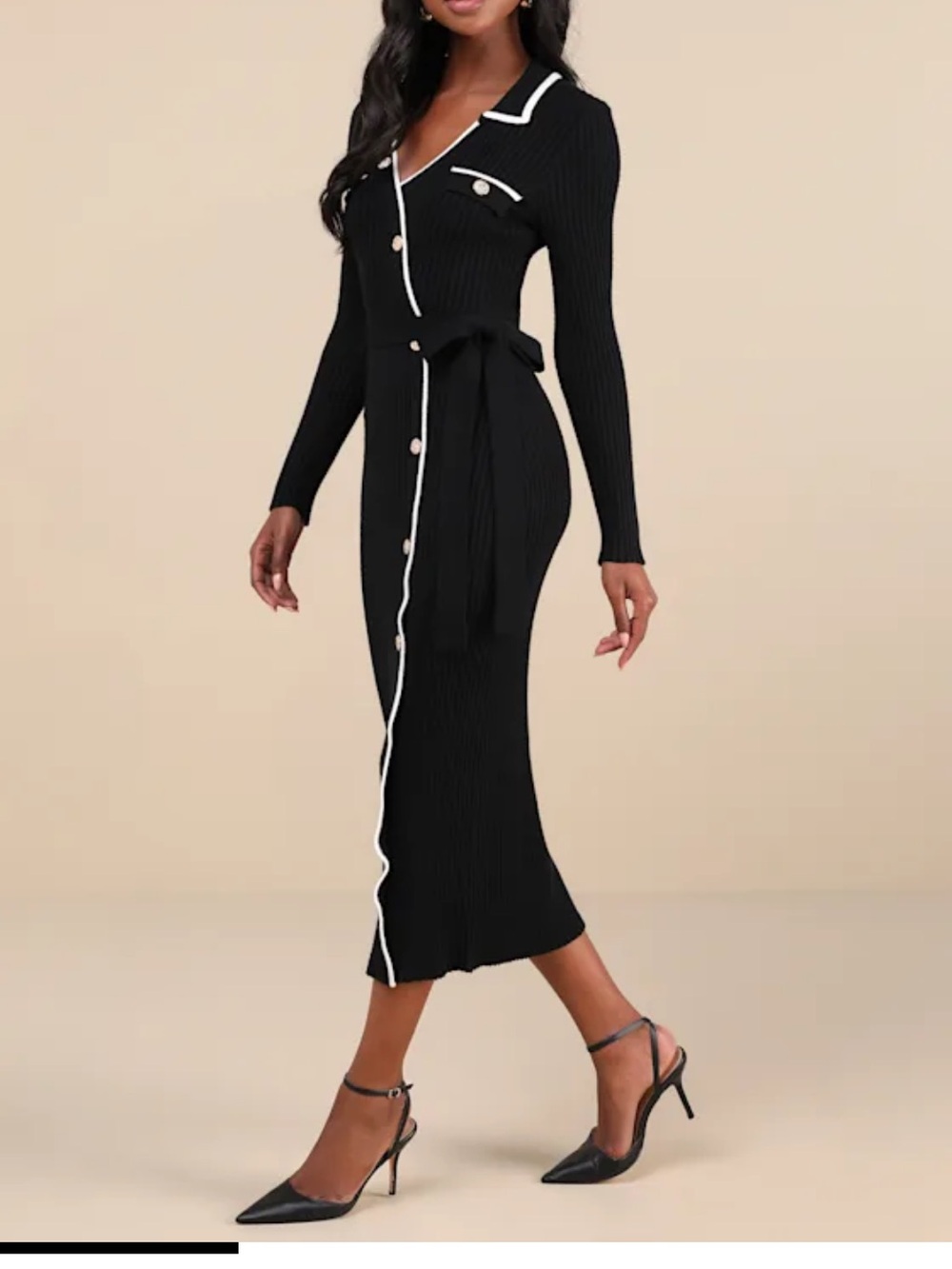 Black Long-Sleeve Ribbed Knit Midi Dress with Contrast Piping